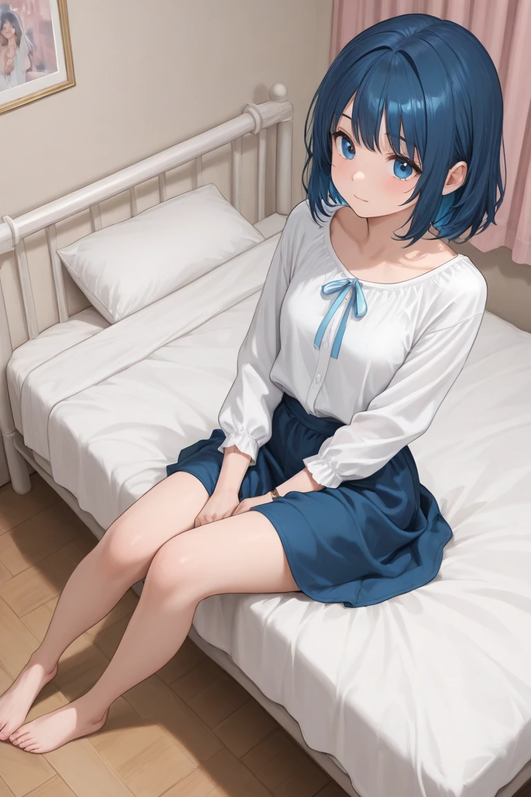 8k, 8k portrait, (best quality, ultra detailed, beautiful artwork), shoot from front, (no hat:1.3), akane kurokawa, BREAK 1girl, aqua eyes, eyes in highlight, blue hair, medium hair, collarbone, BREAK white collar shirt, BREAK ((dark blue pleated skirt)), BREAK looking at viewer, (crossed leg:1.3), bedroom,