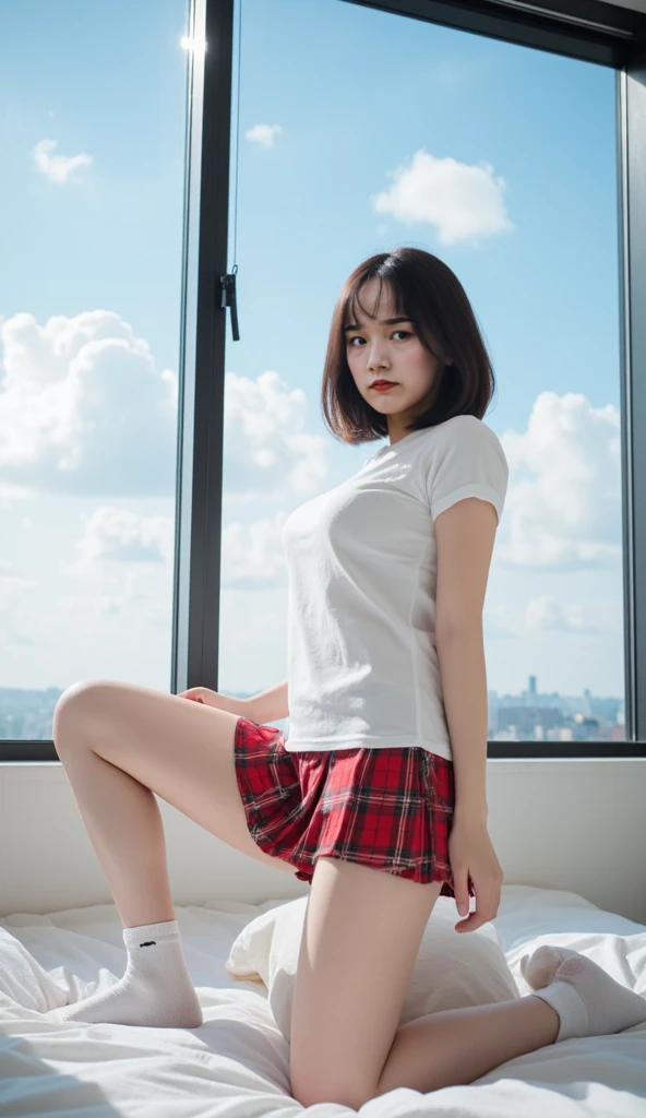 Japanese female college student、(Inside the observation deck of Tokyo Skytree)、Magic Mix Real、(Raw photo:1.2)、(Photorealistic:1.4)、The beauty of beautiful details　Delicate expression、Blonde、((Panties are visible))(Squatting panchira)Earrings　Eyelashes　Beautiful and fine details、Large file size、Ultra-detailed、High resolution、Transcendental beauty　Highest quality、masterpiece、、(Japanese female college studentのファッション))、Extremely detailed representation　 grow、In detail、Highly detailed facial cinematic lighting、22-year-old girl、Positive、((Dynamic Pose)))、(Sit with your knees bent))、（Character T-shirts、Pleated skirt、sneakers）、Sexy upward glance、(While wearing a howing panties to the camera))、