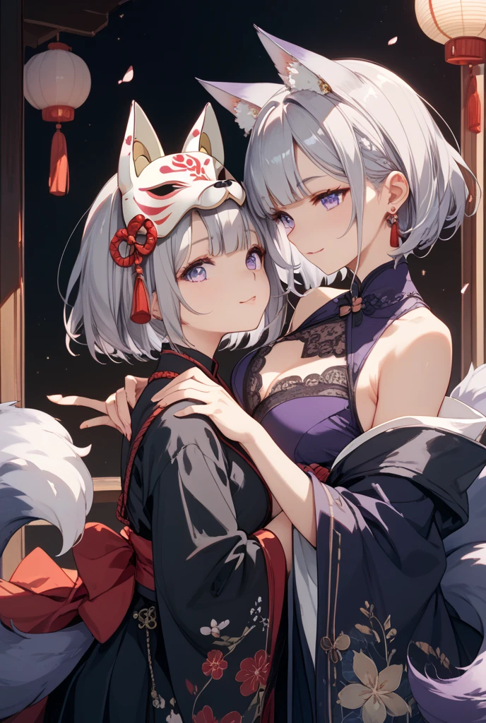 Masterpiece, High Definition, Top Quality, NSFW, Love Hotel, Pink Lighting, 2 Girls, (Black Yukata, Big Breasts, Cat Ears, Red Eyes, Black Hair, Ponytail), (White Yukata, Big Breasts, Cat Ears, Yellow Eyes, White Hair, Twin Tails)