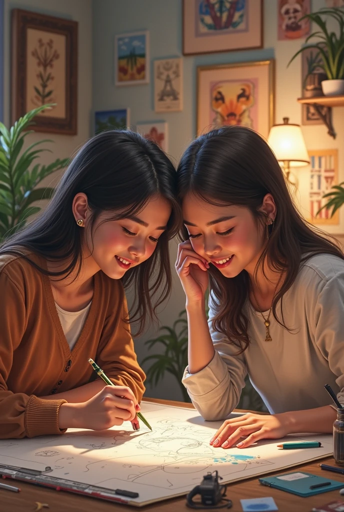 Mother and daughter smiling coloring a drawing on a sheet of paper