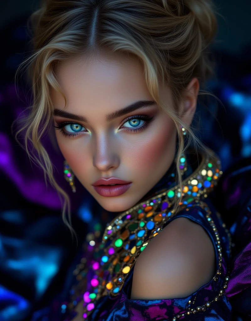 Blonde girl with long hair, grey eyes, nose, asian face, professional make up, with a gold lace mask, with night city background, golden and sexy dress , image with good quality