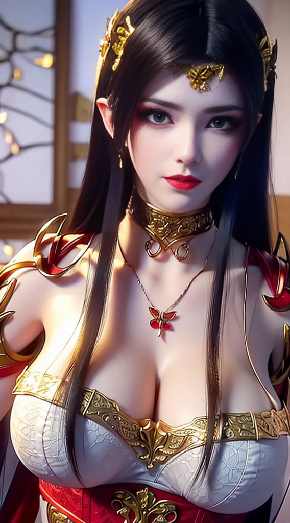 1 very beautiful queen medusha in hanfu dress, thin red silk shirt with many yellow motifs, black lace top, long hair dyed black, beautiful hair jewelry, pretty face pretty and cute, perfect face, earring jewelry, head and hair jewelry, antique jewelry, big red eyes, sharp eye makeup, meticulous makeup eyelashes, thin eyebrows, nose tall, pretty red lips, no smile, pursed lips, rosy cheeks, breast augmentation, wide breasts, big breasts, well-proportioned breasts, slim waist, red mesh stockings with black lace, Chinese hanfu style, fictional art patterns, colors vivid and realistic, RAW photos, realistic photos, ultra-high quality 8k surreal photos, cool photos, (virtual lighting effects: 1.8), 10x pixels, magic effects (background): 1.8), super detailed eyes, beautiful girl body portrait, girl alone, ancient hanfu background, looking directly at the audience, wide original photo, 8k quality, super sharp, detailed and clear picture best, detailed light background,