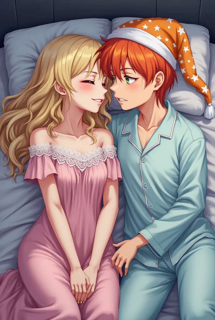 Beautiful 23 year old large blonde woman in lingerie., in a softly lit bedroom on a cozy bed and warm flowers, sex with little 7 year old redheaded son in pajamas. small 7 year old boy inserts penis into woman, a little boy, Cute, passionate
