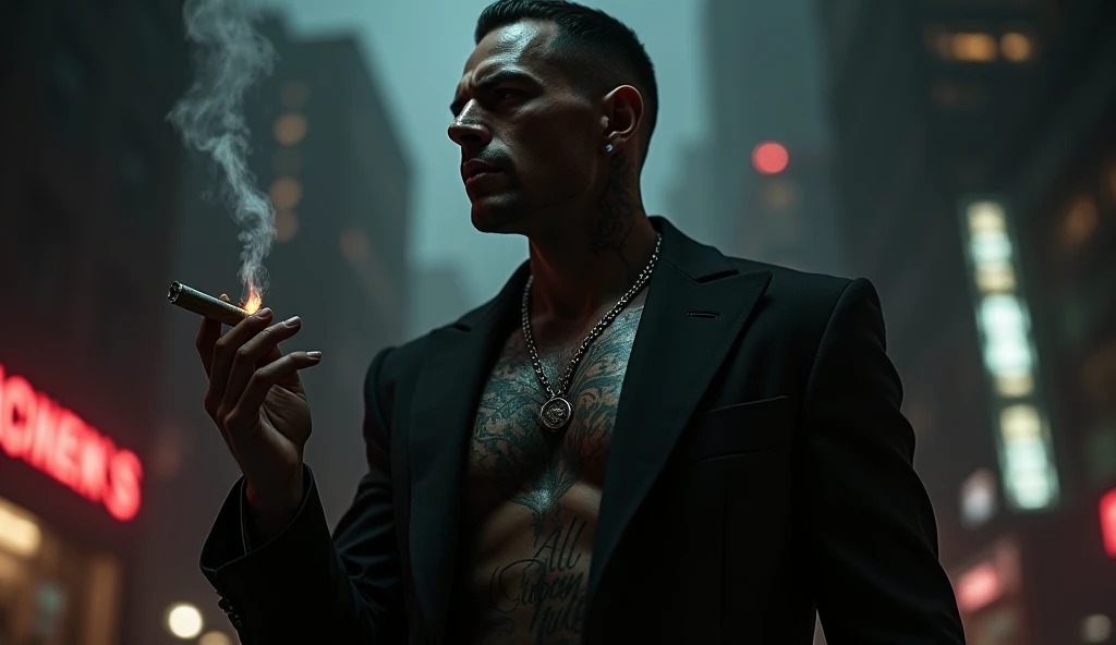 Tattooed male, man, shaved head, pointy mustache soul pach,(visinle, red glasgow smile scars, like jokers in the dark knight) toll, slim fith, long leather coat, leather pants no shirt, black eye make up, summer night passing bi the club, lights make scars more visible, line of hot,girls waiting to get in