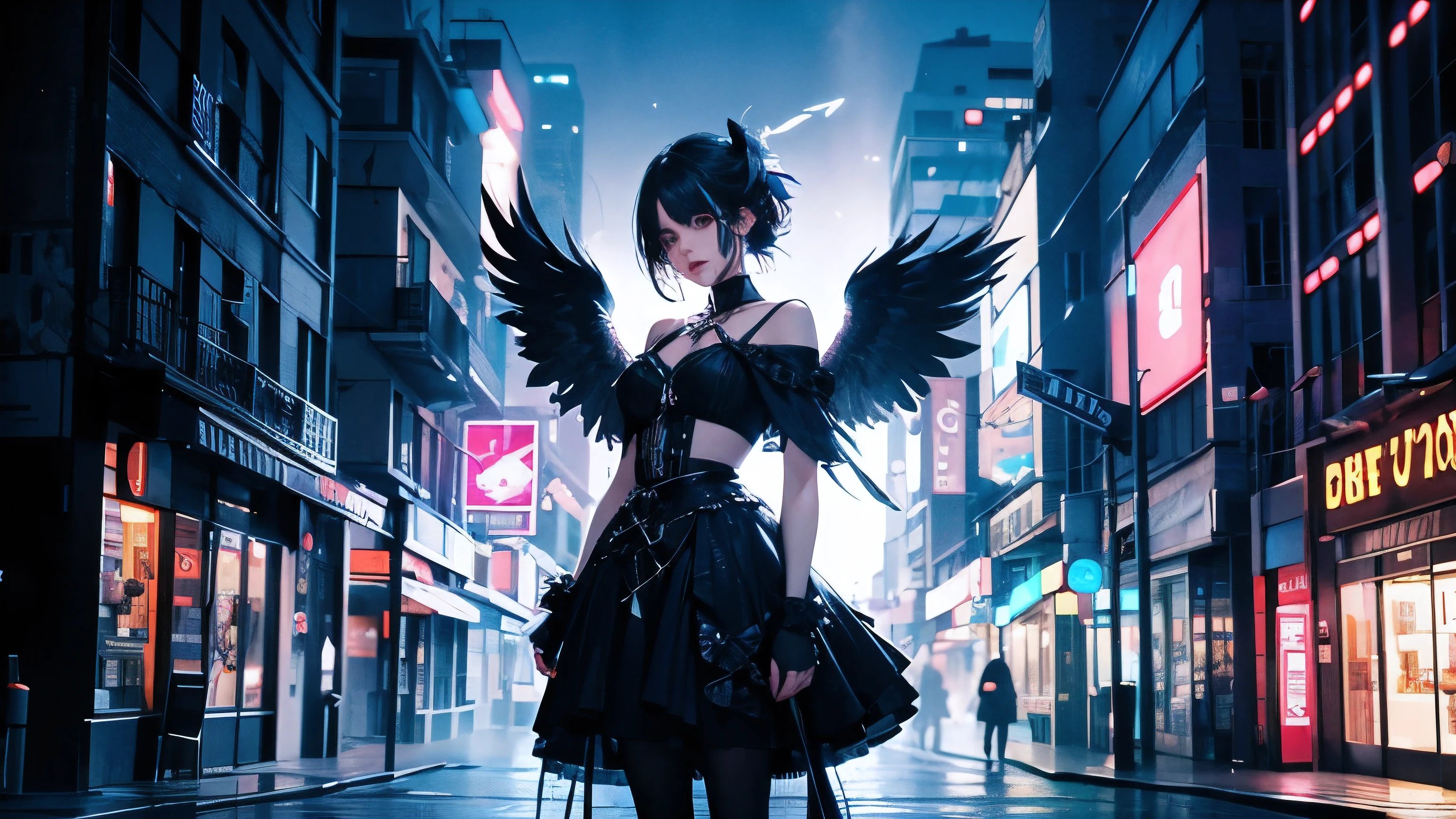 A black feathered angel stands on the side of a littered street in a fantastic neon night