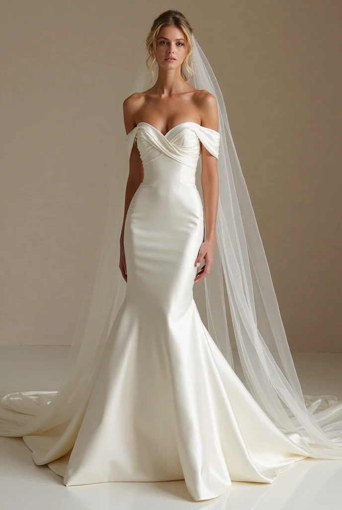 A a simple white silk dress with no lace. The dress should be a mermaid style with square neck and long sleeves