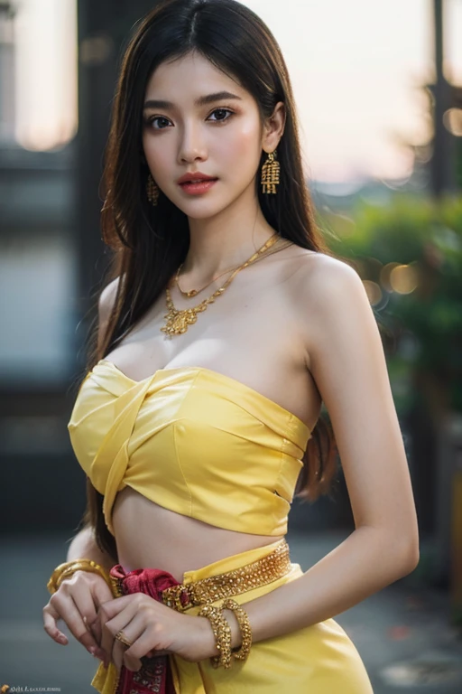💋💋Best quality, high definition, Wuxi, 1 girl, (Chinese classical yellow floral pattern dress:1.2) (view of China's ancient pavilion, multi-colored flower garden and large trees with space) The decorations are Gold necklaces, hair pins, bracelets Anklet, very pretty face, extremely beautiful eyes, long beautiful hair that reaches down to the back tied into a bun. Professional hair stylist, professional makeup, gorgeous eyes (gorgeous body) (perfect body: 1.1) , (very detailed CG8k wallpaper), (very delicate and beautiful), (masterpiece effect ), (Best quality: 1.0), (Ultra HD: 1.0), realistic shadows, detailed skin, super details, , thin collarbone, soft navel💋💋 ❌❌( Film lighting ) ( Top view ) ( Full wide medium shot ) ( Standing on the floor ) Happy