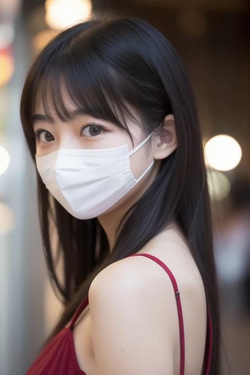 High resolution, Raw photo, Photorealistic, Extremely delicate and beautiful, Extremely detailed, finely detail, Highly detailed CG Unity 8k wallpaper, Ultra-detailed, (Best Quality, 8K, 32K, masterpiece, UHD:1.2), Photo of 20s Pretty Japanese model walking downtown at night, beautiful and detailed face, beautiful and clear eyes, delicate figure, medium hair, slender body, small breasts, (upper body:1.3), (cardigan, non-woven mask on face:1.15)