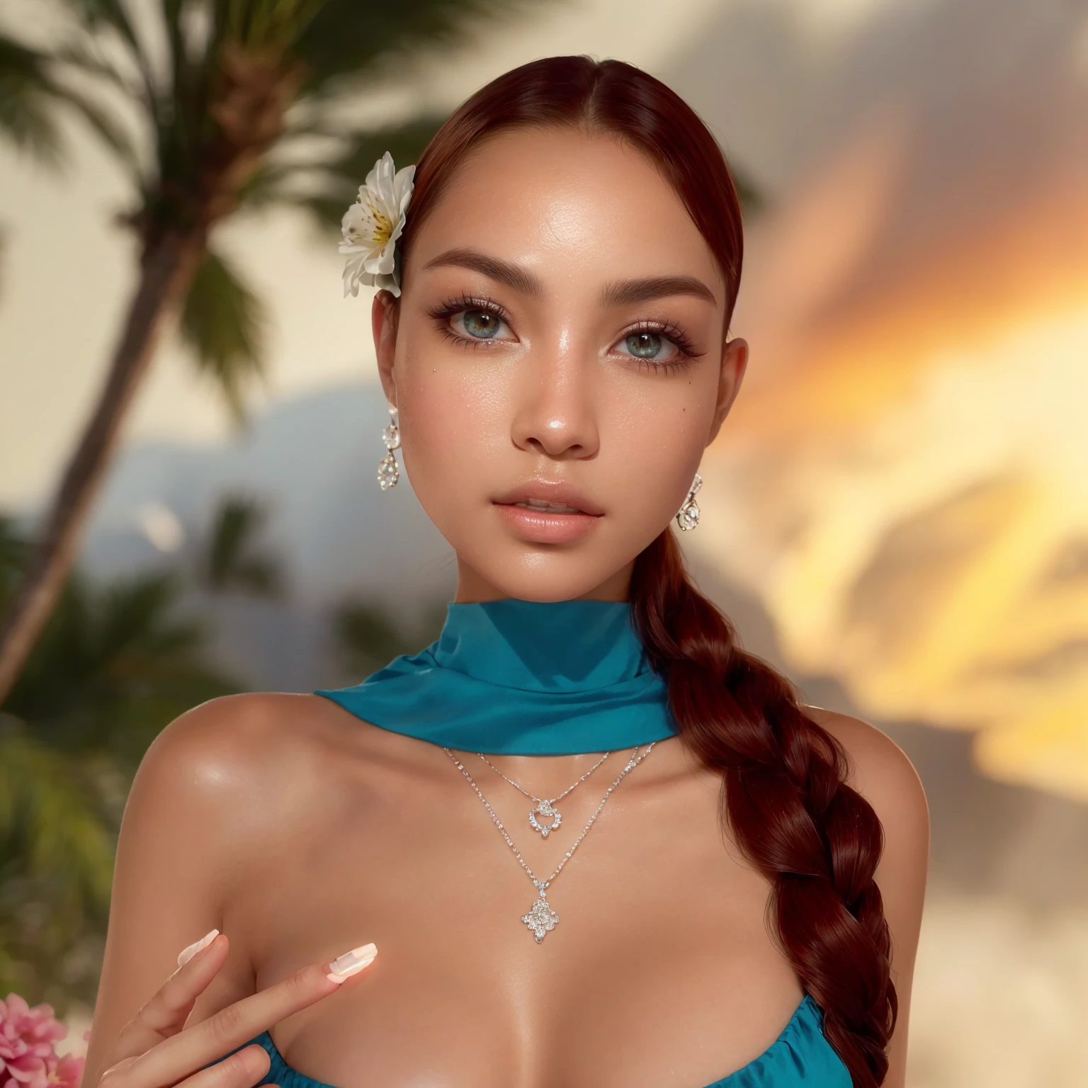 ((melhor qualidade)), (Foto CRU:1.2),(fotorrealista:1.4),(obra de arte:1.3),(melhor qualidade:1.4),ultra high resolution, hdr,8k resolution, sonhe como, Check the comment,Request for comment,scenario,((paradise beach), foco apenas, (olhos detalhados),(detailed facial features), (detailed characteristics of clothes), pele firme, (pele brilhante),(delgado),(magro),(rosto espetacular), 1 mulher, jovem, franja,cabelo preto, olhos cinza-claro,ear studs, roupa de praia e justa no corpo, maquiagem estilo praia, series, olhar doce, linda, seios grandes, bunda grande, cintura fina, pele bronzeada, Look directly into the camera, pose standing on your back showing your ass, looking back.
