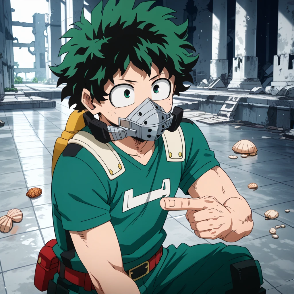 (masterpiece, best quality:1.2), solo, male focus, 1boy, midoriya izuku, short green hair, green eyes, no shirt, no pants, wearing green boxer briefs, ager, toned slender body, domed helmet with transparent visor over eyes, mind control device, blank expression, mouth hanging open staring straight forwars, relaxed body posture, sitting in chair, anime style, my hero academia style