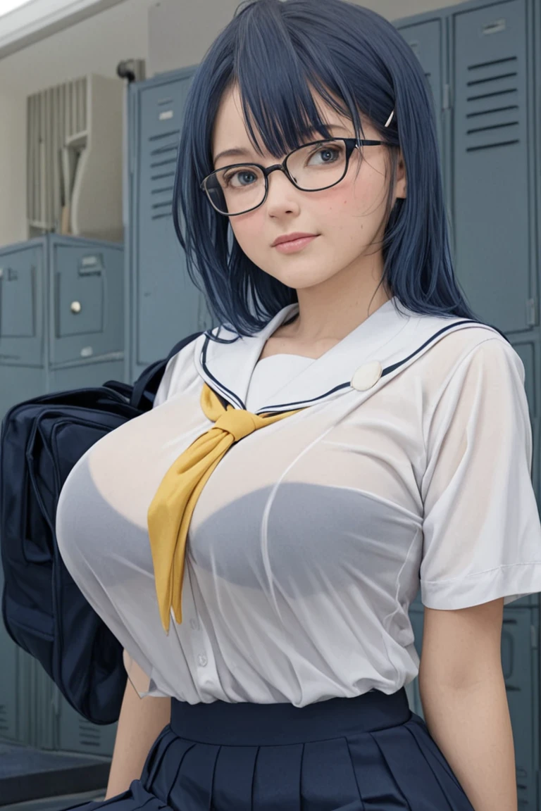 ((Tabletop)), ((Highest quality)), (Super detailed), ((cute)), trembling), ((sexy)), (device), ((Very detailed)), 4K, (8K), Highest quality, (beautiful), water colored pencils, Genuineistic, Genuine, Focus on the face, Full Body Focus, School, autumn, Beautiful woman, alone, Sailor suit, beautiful dark brown hair, beautiful eyes with beautiful purple eye highlights )), White skin, ponytail, Transparent Hair, Translucent hair, Big ample breasts, tights, Glasses, smile, Neon Light, Wind effects, Reflection effect