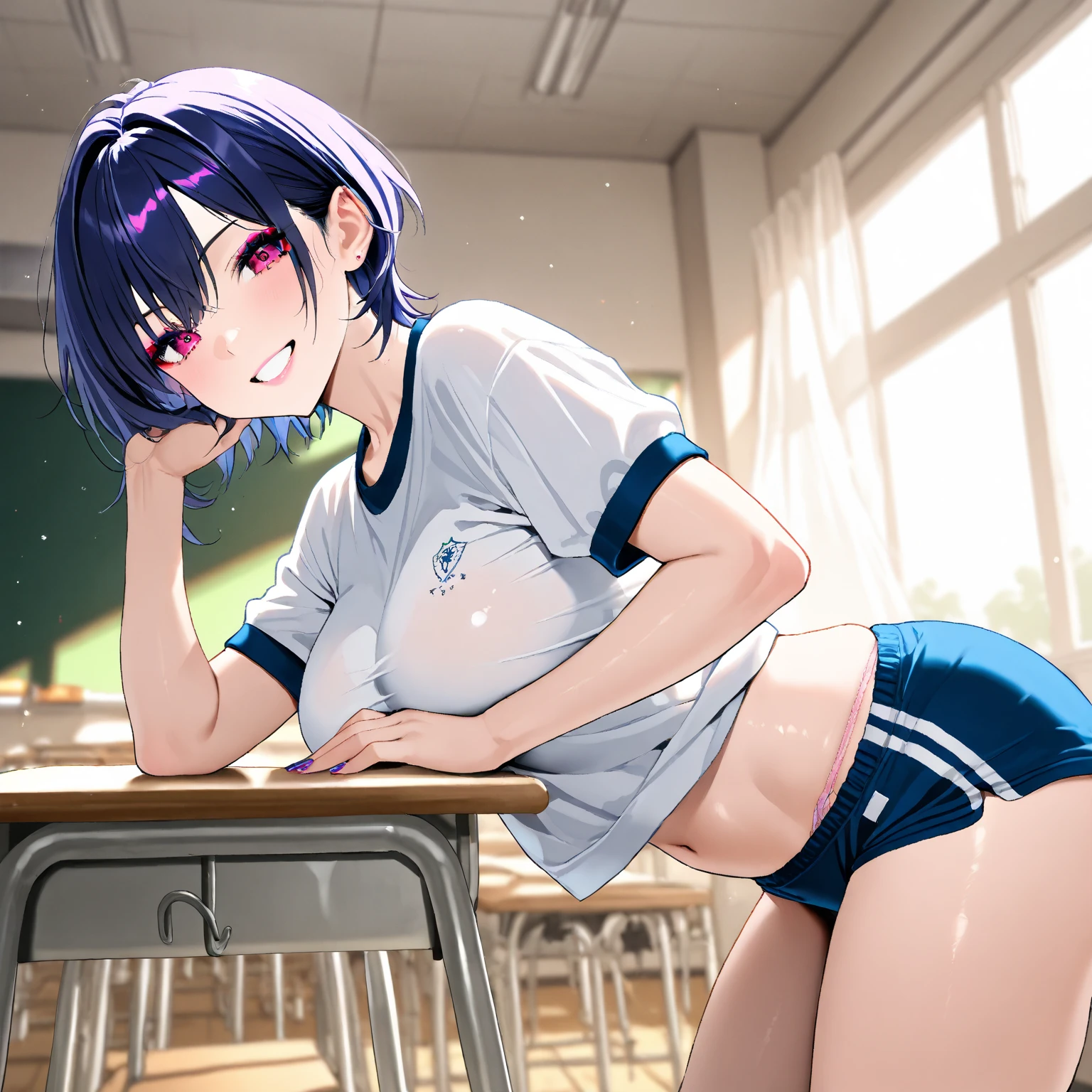 masterpiece, best quality, very aesthetic, absurdres, 1girl, mature_lady,taking_off_clothes,t-shirt,,Kochou Shinobu, Decorate hair with a butterfly, violet eyes, multi-colored hair, Short hair, Parted bangs,,in classroom,floating_clothes,