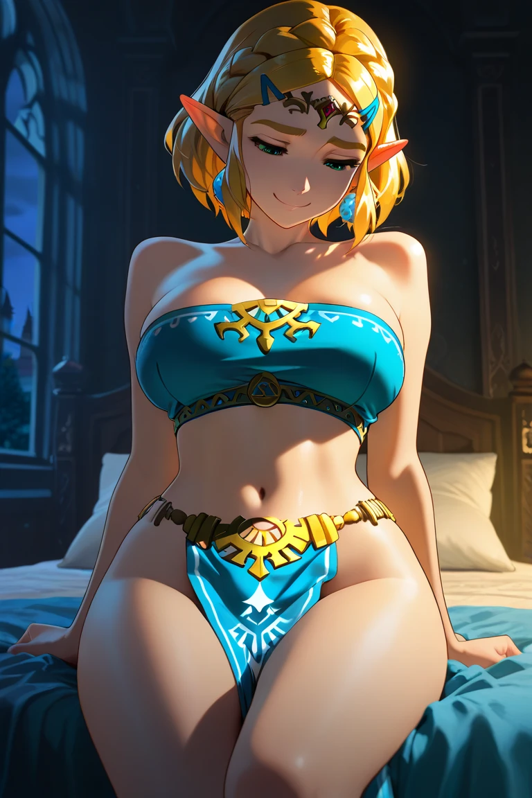 ((masterpiece)),(illustration),(((best quality)),iridescent, high resolution illustration,Amazing,highres,intricate detail, extremely detailed CG unity 8k wallpaper ((zelda)), large breasts, full body, (delicate cute face), blond long hair, lovestruck,(green eyes), smile, joyful, facing viewer, young teen, narrow waist, young girl, 15 year old girl, seductive, tight body, cleavage, bedroom, corset, cel shaded anime,