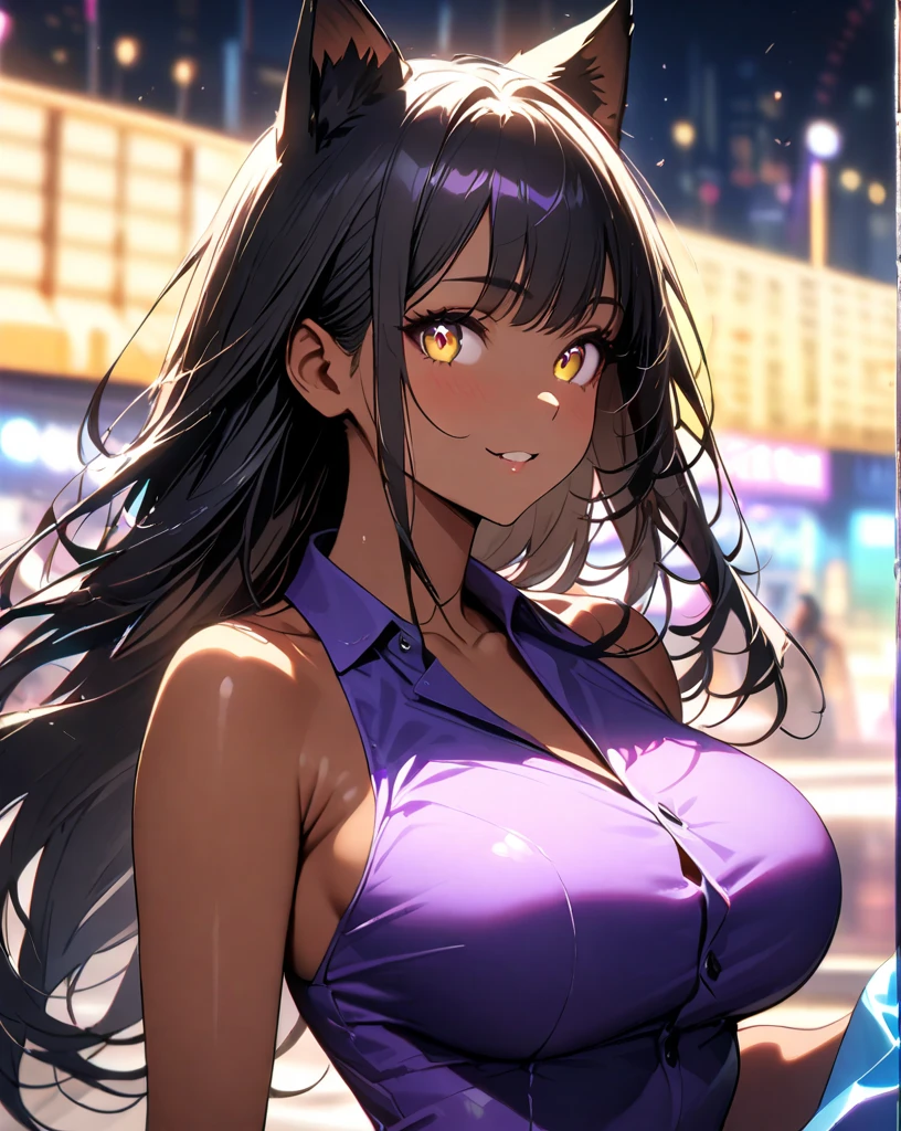 (masterpiece, best quality, absurdres, very detailed eyes), 1girl, solo, solofocus, large breasts, brown hair, long hair, blunt bangs, yellow eyes, closeup, teenager, purple bra, bare shoulders, white sweatpants, white hoodie partially off, clothes off shoulders, neon lights, night, talking, crowd in background
