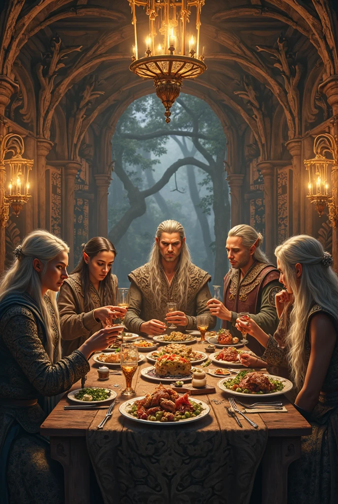 dungeon adventurers sitting around a table, arguing over the treasure. paladin, wizard, thief, sorceress. cinematic volumetric light. highly detailed faces, eyes, hair.