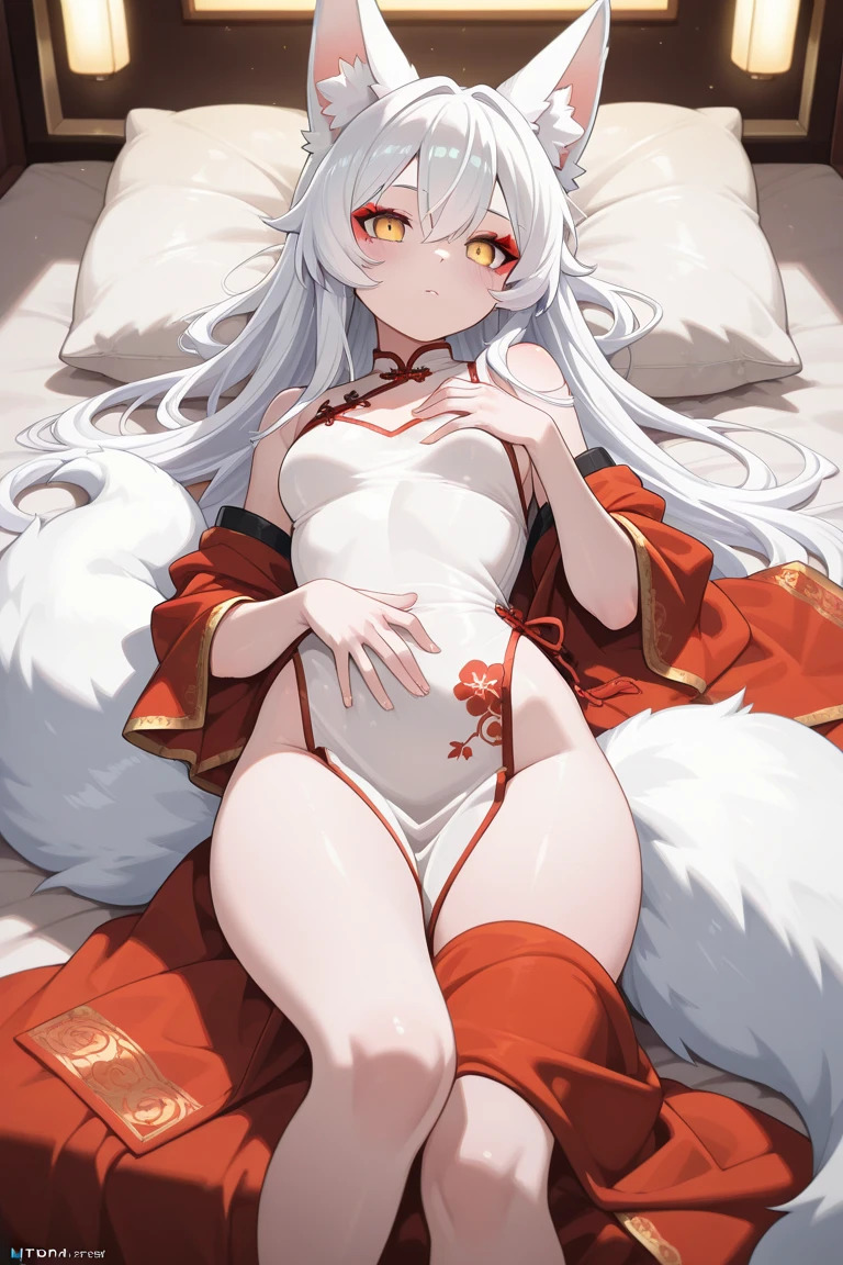 Masterpiece, best quality, perfect lighting, 1girl, solo, shiro, fox ears, fox tail, white hair, red eyes, red cheek stripes, long white dress, neck collar, red scarf, shoulder gloves, black thighhighs, smug,in a bed, laying down , with tight clothes, taking off her clothes, smile, cute, embarrassed, with 2 hands on a pillow on top of her,with messy bedroom background, fully ?????,her chest exposed,cute,?????, laying down on bed,with her body laying down on the bed,with tired face, single character.