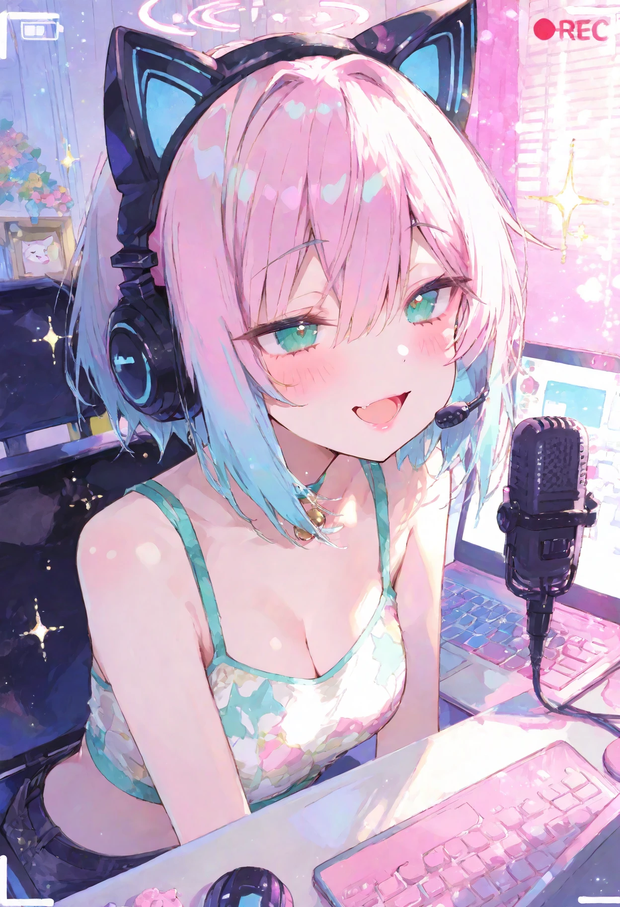 Girl with gaming headset,Holding a high-end tablet ,Delicate skirt,Very good figure,Rabbit ears,furry tail,