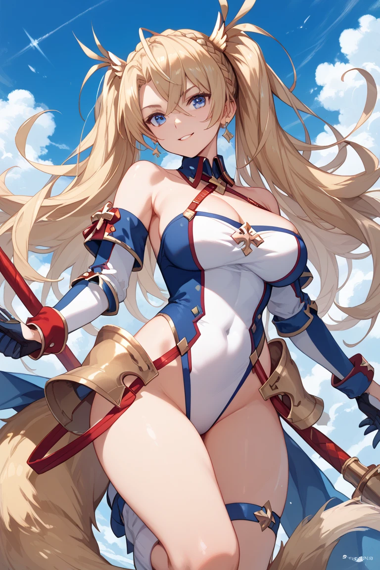 CG, unidad, 8k, fondo de pantalla, of the highest quality, Obra maestra, 1 chica, Lucy Heartfilia, rubio, sonrisa, dynamic pose, (media: 1.5), muslos, sexy, mejor iluminacion, alumnos complejos, textil complejo, textura de piel realista, antecedentes detallados, (In a western-style fantasy city), low angle, vista desde abajo