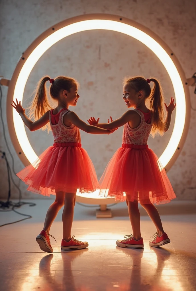 a close-up of a blonde child with long hair, BIG BALL OF electrified ICE IN HANDS. posando na frente de bolas de discoteca em uma sala, child girl wears a red dress, pose de glamour, fazendo uma pose elegante, posar para uma foto, em um vestido vermelho, usando um vestido vermelho, em estilo glamoroso, bola de discoteca ao fundo, modelo jovem bonita, usando um vestido cintilante, Photo of a promotional session, Retrato no meio da foto, vestindo trajes formais vermelhos