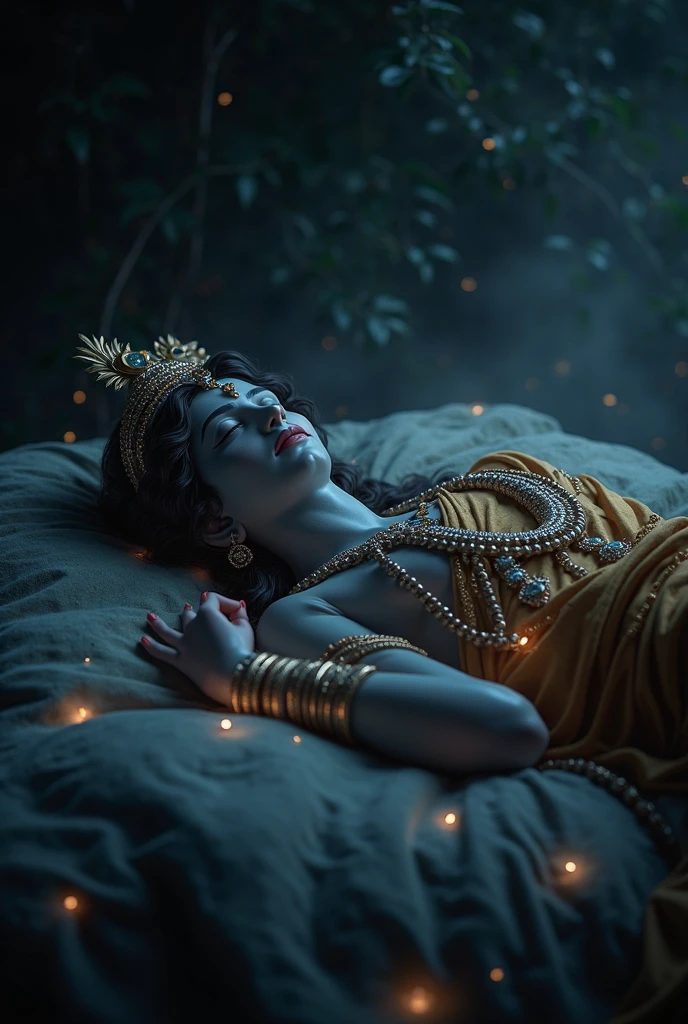 Create a image of a sad man who sleeps in lap of loard Krishna