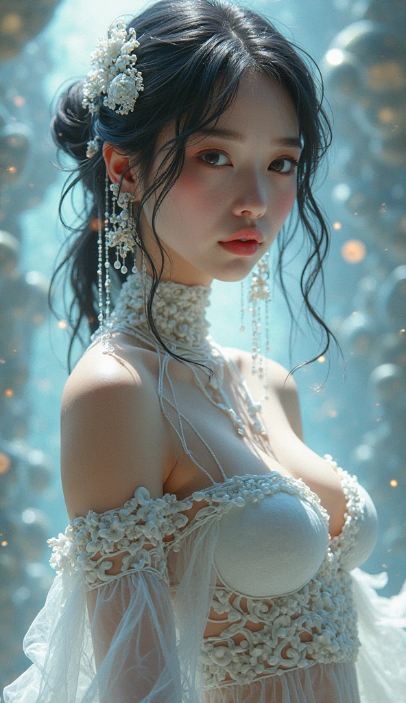 (masterpiece:1.3), (8k, Photorealistic, Raw photo, Best image quality: 1.4), Fair-skinned fairy woman、Long Haircut、Cleavage:2.0、Super detailed face、Attention to detail、age 17, double eyelid、Put your chest together、Sharp focus:1.2、Beautiful woman:1.4、Silvery white hair、highest quality、masterpiece、超A high resolution、(Photorealistic:1.4)、Highly detailed and professionally lit smile、Loose, light, Shoulder out、thin、Serious expression、Short-haired、Deadly position, gorgeous accessories, one person (RAW shooting, Photoreal:1.5, 8K, highest quality, masterpiece, ultra high resolution), perfect dynamic composition:1.2, (In front of a city building at night in a modern city, expression of sadness:0.9, Tears are flowing:0.9, cry with a broken heart:0.9), Highly detailed skin and facial textures:1.2, Slim office lady wet in the rain:1.3,  Fair skin:1.2, sexy beauty:1.1, perfect style:1.2, beautiful and aesthetic:1.1, very beautiful face:1.2, water droplets on the skin, (rain drips all over my body:1.2, wet body:1.2, wet hair:1.3), Wearing a wet white blouse correctly:1.35), (Medium chest, Bra is transparent, Chest gap), choker necklace , earrings, bracelet, wear short jeans pants,