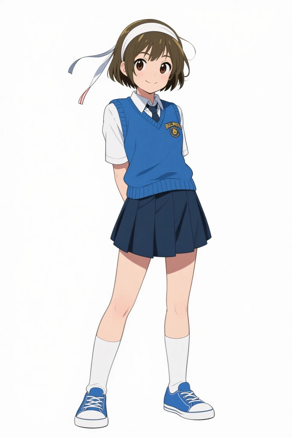 (white background:1.0), (best quality:1.0), (masterpiece:1.0), (super fine illustration:1.0), (beautiful artwork:1.0), (anime screencap:1.0), (official art:1.0), (detailed printed cotton panties:1.0), (playing soccer:1.0), (solo:1.0), (a 18yo cute girl:1.0), (long skirt:1.0), (gray skirt:1.0), (pleated skirt:1.0), (khaki knit vest:1.0), (white long sleeve collared shirt:1.0), (dark blue necktie:1.0), (loafers:1.0), (black socks:1.0), (ideal ratio body proportions:1.0), (lanky:1.0), (tall:1.0), (slender:1.0), (small breasts:1.0), (smaller face:1.0), (freckles:1.0), (cheerful:1.0), (detailed beautiful eyes:1.0), (detailed beautiful face:1.0), (glowing black eyes:1.0), (very short hair:1.0), (swept bangs:1.0), (black hair:1.0), (standing:1.0), (looking at viewer:1.0)