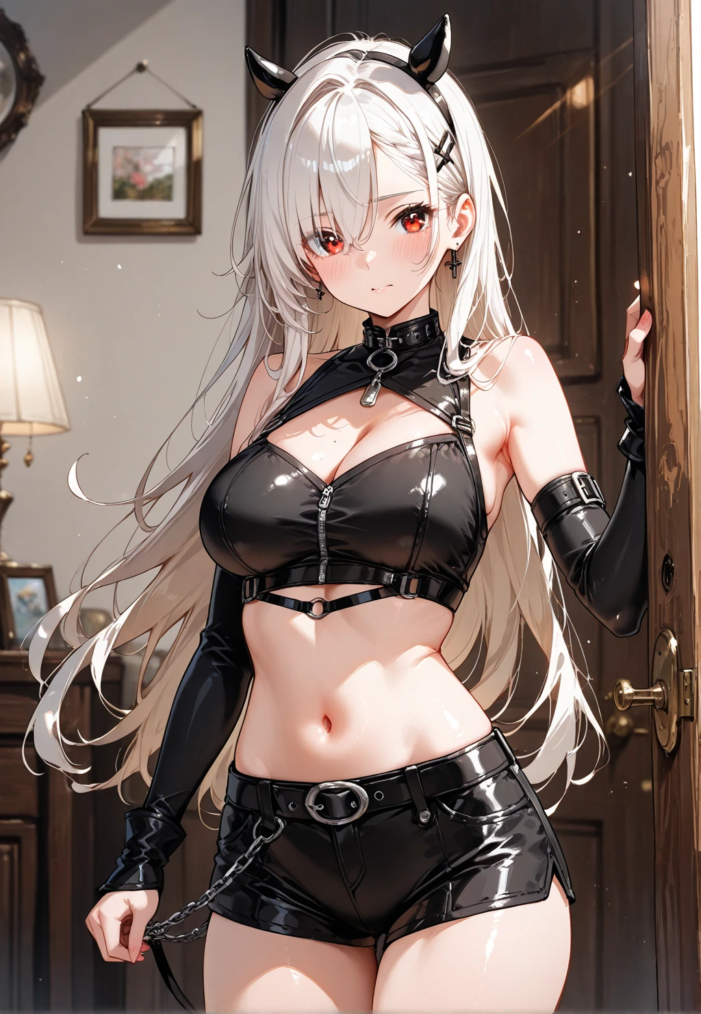 Silver Hair、Small breasts、A slave girl who loves her master、Wearing a collar and wearing slave clothes、Shirtless suspenders、Wide suspenders completely hide nipples、Suspender Bra、Absolute obedience to your master、Serving your husband、Shy blush、Estrus、Fawning on the Master、Shy smile、No exposure、(((SFW、sound、Highest quality、first-clasasterpiece、Normal body、8k、Detailed face、Ultra-precision、Normal hand、Normal finger、5Finger、Highest)))