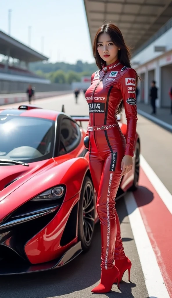 (masterpiece, best quality, ultra detailed, absurdres:1.5), 1girl, (sexy, beautiful woman, perfect face, perfect eyes, perfect female body, medium breasts:1.5), (open zipper, very low zipper, racing suit, body suit, crotch zipper, racing gloves, racing shoes, <lora:Racing_Suit:0.7>), (standing, outdoors, race garage in background, racecar in background), perfect lighting, smooth, hdr