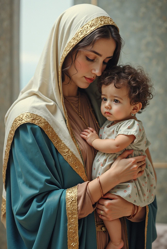 (((Bem-aventurada Virgem Maria e Menino Jesus))) obra prima, (melhor qualidade: 1.2), (super fino: 1.2), 插圖, (Extremamente delicado e bonito: 1.2), Movie angle, flutuante, (Belo olho de detalhe: 1.1), (Detalhe leve: 1.1), luzes do filme, Delicate sky, olhos azuis, (Rabo de cavalo alto: 1.1), capa, olhos brilhantes, (Lua: 1. 2), (Luz de la Lua: 1.1), starly sky, (light particles: 1.1) desenho, flor. (obra prima), (melhor qualidade), (fotorrealista:1.3), 8k, Textura detalhada da pele, Textura detalhada do tecido, Rosto bonito e detalhado, Detalhes intrincados, ultra detalhado (corpo inteiro:1.2)