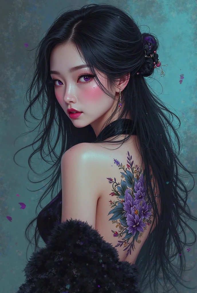 A digital photorrealistic of a beautiful Asian woman with long, flowing black hair adorned with a white flower. She has striking makeup, including winged eyeliner and bold red lips. Her skin is flawless and pale, contrasting with her dark features. A large, intricate floral tattoo covers her shoulder and chest, featuring grayscale flowers and leaves. She wears a sheer, dark top with a high collar. The background is a deep teal with subtle, swirling patterns. The overall style is a blend of realism and fantasy, with a moody, ethereal atmosphere.