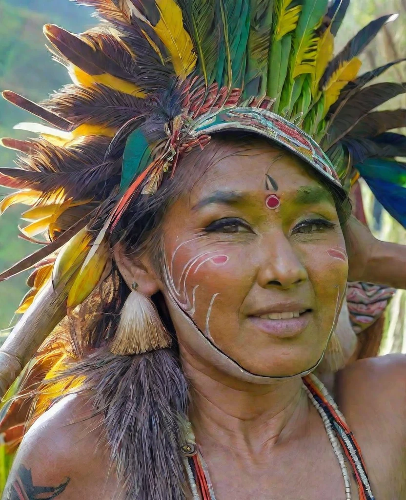 Looks like Anushka Shetty, Portrait of a close-up face of a beautiful gorgeous Native Amazonian Woman, 50 years old, full figured Amazon woman, beautiful mature woman, thick fleshy figure, heavy physique, curvy, with the Amazon River behind her, ethnic tribal strapless bandeau Bra, red face paint across her eyes, large trible bead necklace covering the chest, headdresses, trible skirt, tribal tattoos, zavy-cnmtc, looking at viewer, atmospheric haze, cinematic still, dynamic lighting, movie screencap, moody, film.
