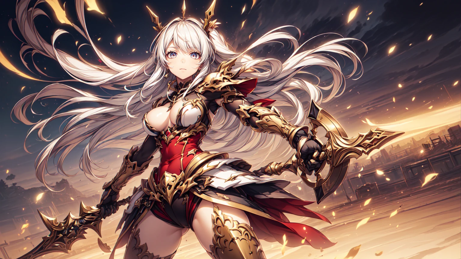 fantasy, 1devil_girl, low_teen, platina_blond_hair,long_bangs, bare_shoulder, navel out, thighhighs,silver_armor, red_clothes,waist_armor, Glebe, hold_swords, large_tits, dynamic_floating_pose,Floating,(pelvic_curtain:1.3), silver_Headgear ,looking_down_at_sunrise_city_sky_background,,slightly_spread_legs,solo,horn ,smile,,open_legs,open_arms,rise_knee,rise_leg,rise_thigh,rise_leg,apart_legs,fang,Shiny_gold_eyes,crotch