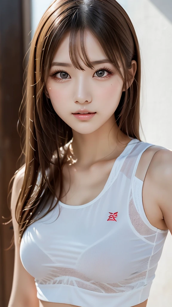 Masterpiece, top quality, (realistic, realistic: 1.4), (RAW photo: 1.2), very delicate CG Unity 8K wallpaper, very delicate beautiful, wonderful, boxing pose, attention to detail, official art, ridiculous, incredibly ridiculous, huge file size, very fine, very delicate, beautiful eyes and face, beautiful delicate eyes, light on face, a girl, ponytail, (pompom) navel, half, PE uniform short sleeve crop top t-shirt, boxing gloves, bare arms, bangs, Boxing Gym, Boxing Ring, ULZZANG-6500-v1.1