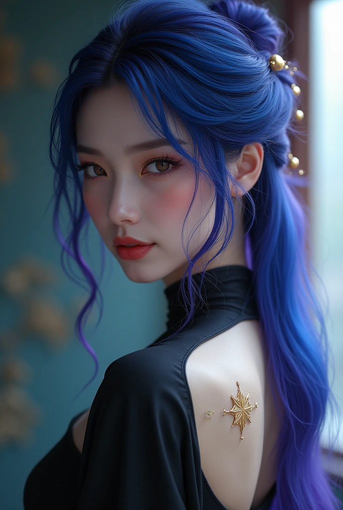 anime girl with blue hair and purple eyes posing for a picture, hestia, ayaka genshin impact, blue scales covering her chest, extremely detailed artgerm, portrait knights of zodiac girl, tsuaii, zerochan art, by Kamagurka, azure. detailed hair, artgerm on artstation pixiv, smooth anime cg art