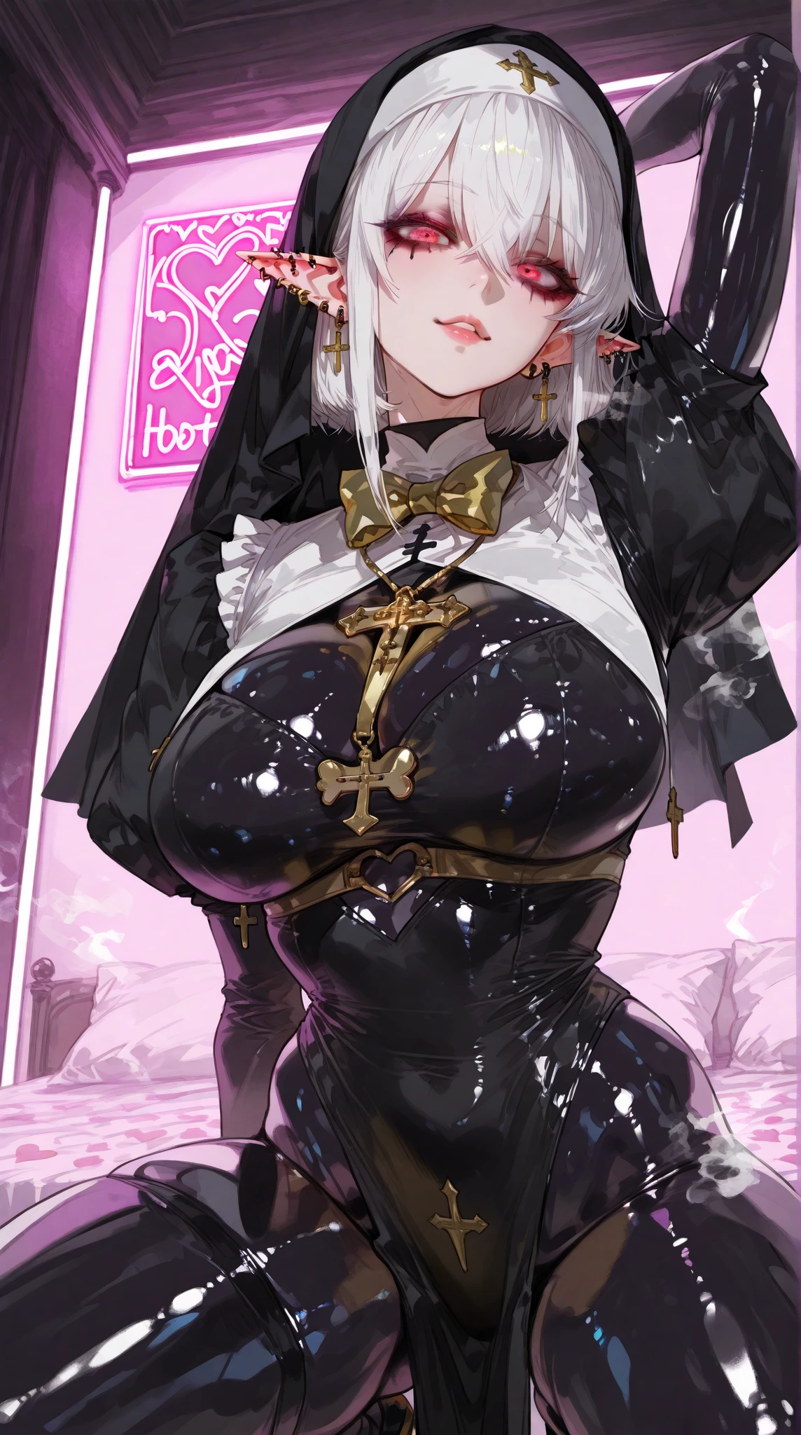 score_9, score_8_up, source_アニメ,アニメ style,Silver Hair,Yellow Eyes,blunt bangs,ponytail,tall,cool eye,very big breasts,((1girl)),shiny skin,Black latex,front open,Areola,Reverse Bunny Suit,corset,Pussy juice,Long Breasts,Bukkake,,Expressionless,tit job,Facial,Arms crossed,Used condom belt,Heavy breathing,requisition,saint,garter belt