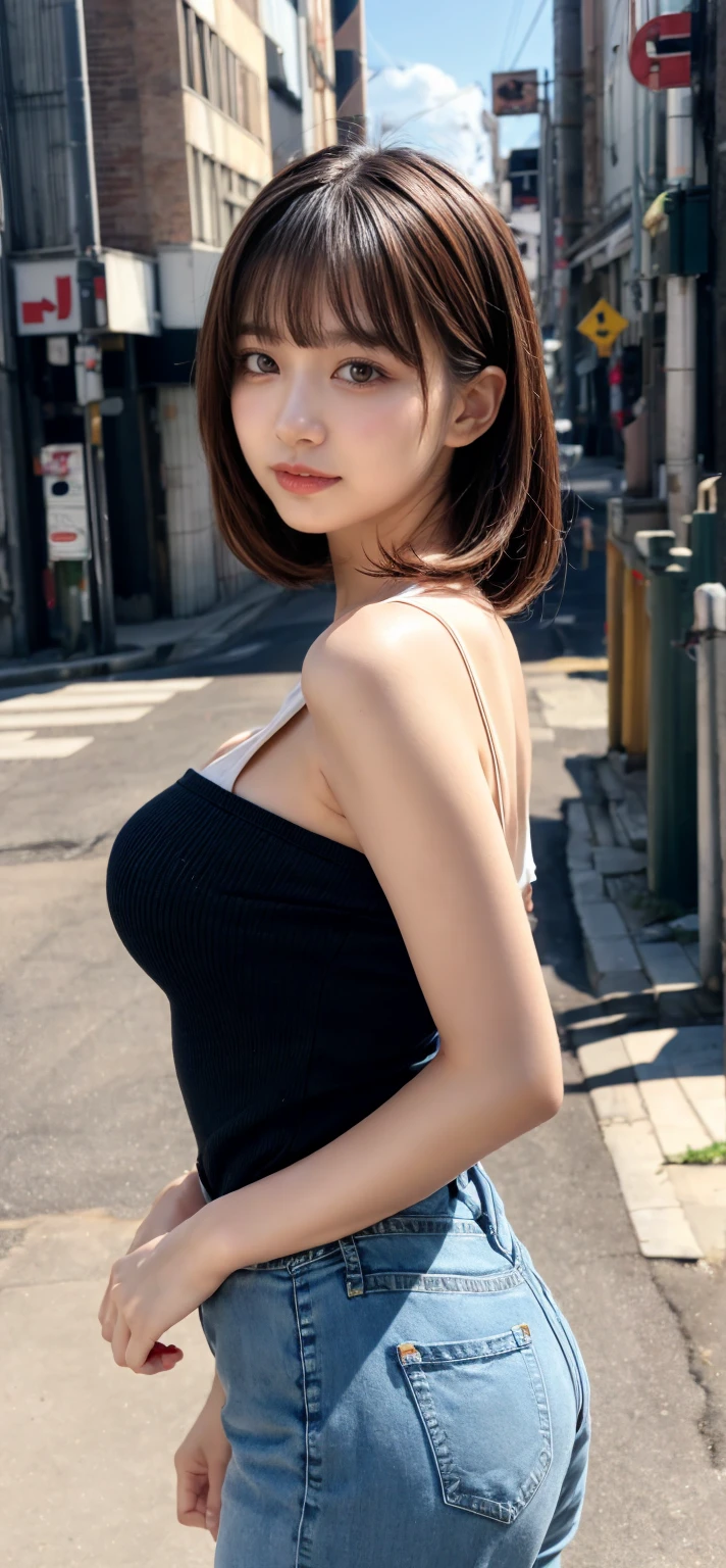 highest quality, High resolution, And 18, 1 girl, Android 18, alone, Blonde Hair, blue eyes, short hair, Cute Smile,Earrings, jewelry, Denim dress, Open Vest, Black sports bra, Jeans Mini Skirt, Blue mini skirt, Small breasts, Cowboy Shot, She is wearing black short boots,street, (External expansion chest: 1.2),