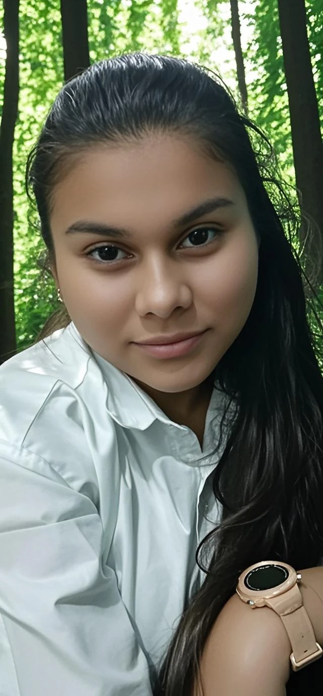 Little girl 16 year old, latin woman, complexion robusta, piel morena oscuro, hair straightened, natural light of a cloudy morning, sonrisa timida, poses in a park with trees and a beautiful lake in the background, falda escolar, topples