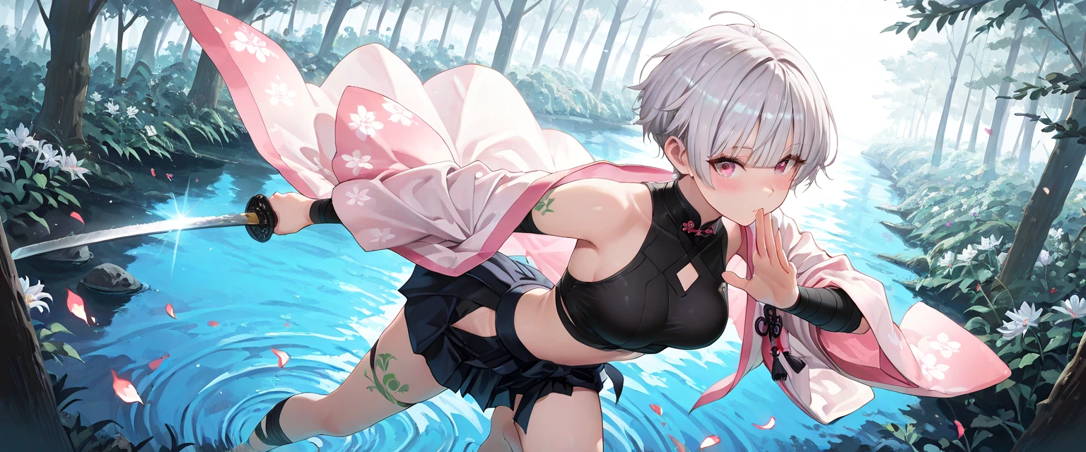 Make a work of art by vtuber okayu, usando um biquini preto, sitting in the water, umbigo de fora, barriga de fora, corpo molhado, Seios enormes.