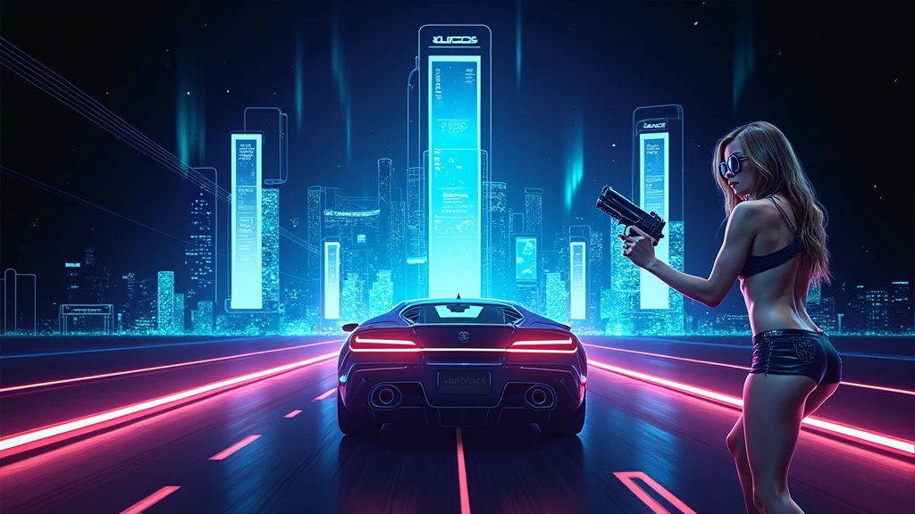 Futuristic cityscapes with colorful all-glass outlined towering skyscrapers with lightning, flying vehicle. High-resolution OLED GUI interfaces in the building, The windows are filled with transparent data visualization infographics that show it all, from weather patterns to traffic flow. Colors are saturated and vibrant. At night, (1girl, solo, alone), photorealistic, large-breast slim:0.6 body, oval:0.5 face, cleavage:1.1, very low angle view of pleated miniskirt, deep-v, (upskirt), glove, (Matrix style black micro sunglasses), (aiming viewer with a short gun), dynamic running pose, (half-body thigh level close-up shot), cinematic lighting, ray tracing, motion blur background.