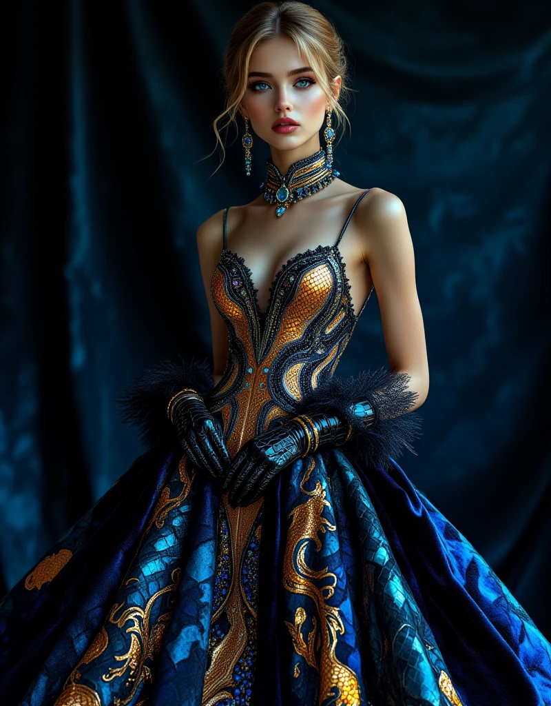 Evening Dress, theater, by Greg Manchess and Miles Aldridge, 35mm photograph, bokeh, best quality, masterpiece, very aesthetic, perfect composition, intricate details, ultra-detailed