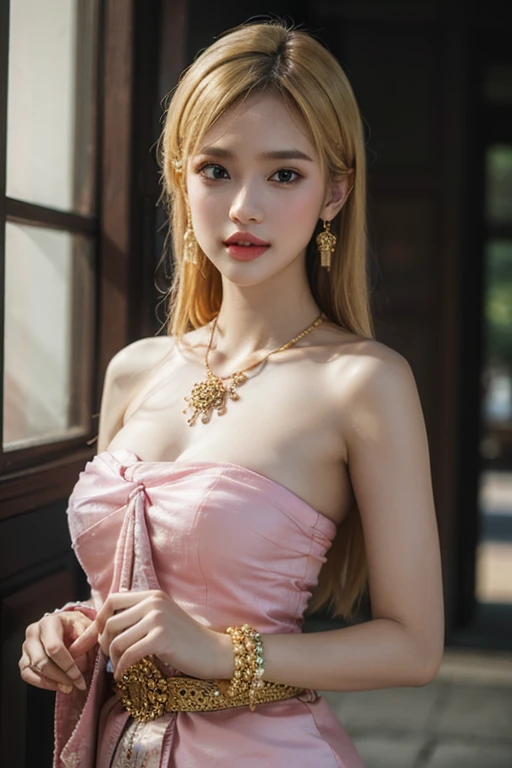 (Hyper Real), giant beauty, safe, high resolution, blonde, blonde woman, skin texture details, super high resolution, realistic, plump figure, smile, beautiful expression, black hair, divine spirit, very delicate and detailed skin texture, (ancient luxury luxury temple), cleavage, plunging neckline, big red lips , (luxurious gold crop top and luxurious accessories), portrait