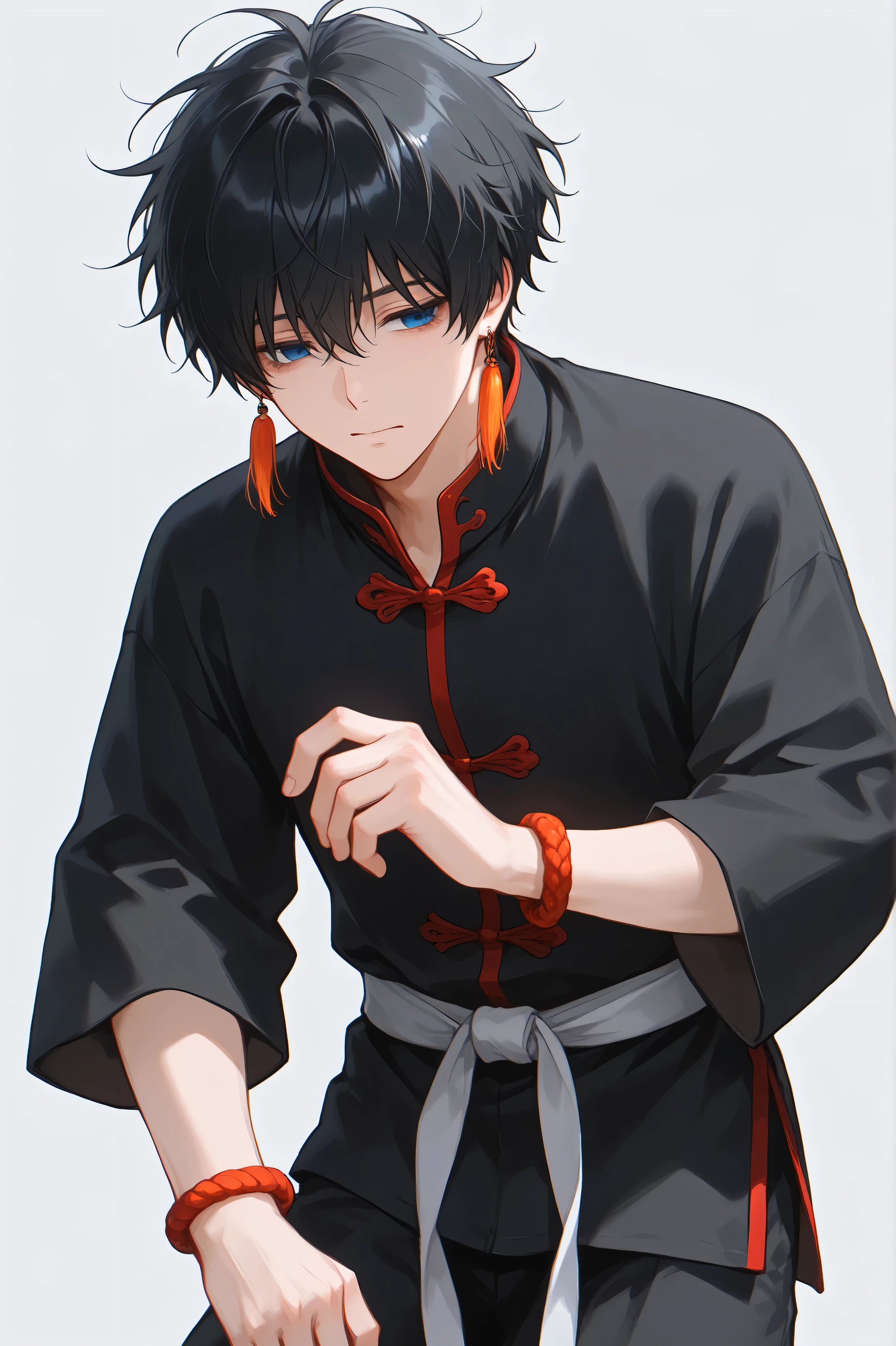 One male, short hair, messy hair, black hair, tired eyes, lazy look, blue eyes, red chinese lantern earrings, traditional martial artist uniform, black uniform, red chinese bracelets, black traditional chinese pants, front view, simple background