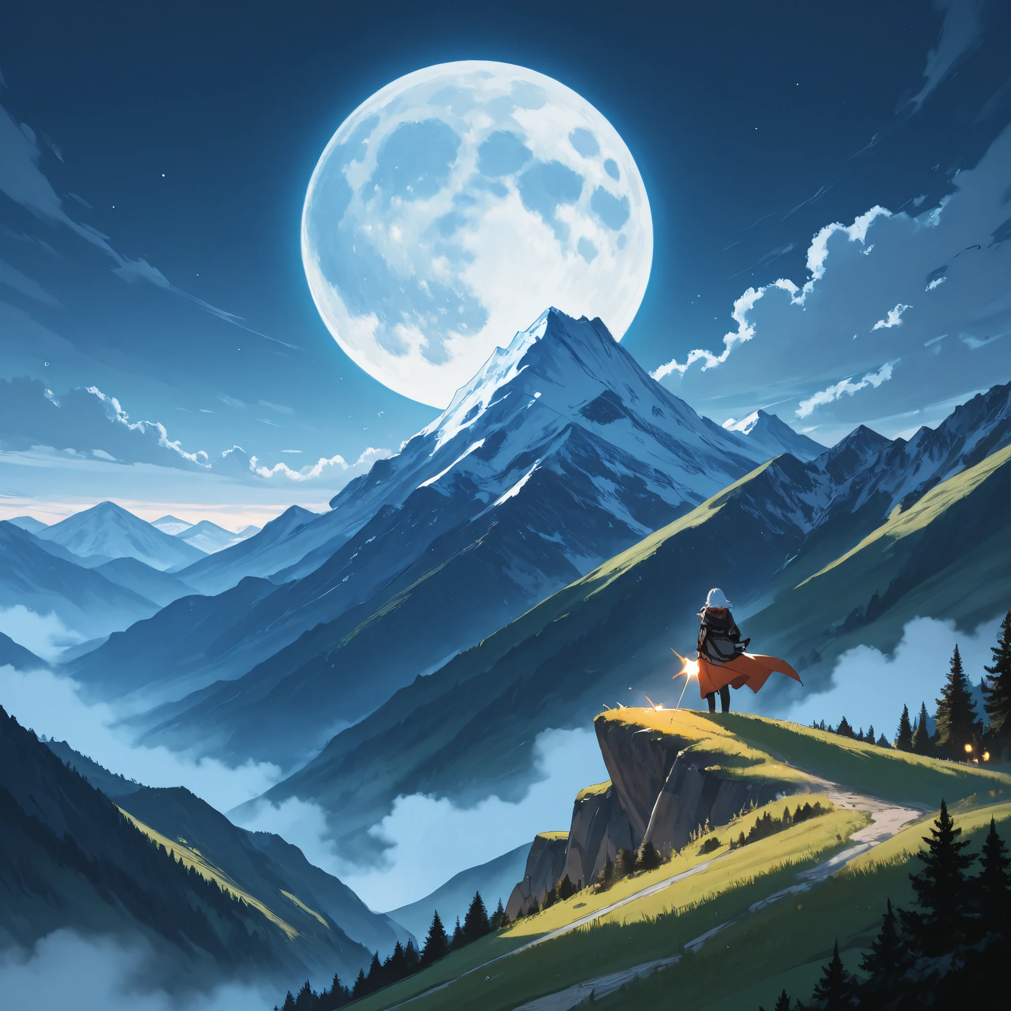 Mountainous landscape with the big moon behind bright