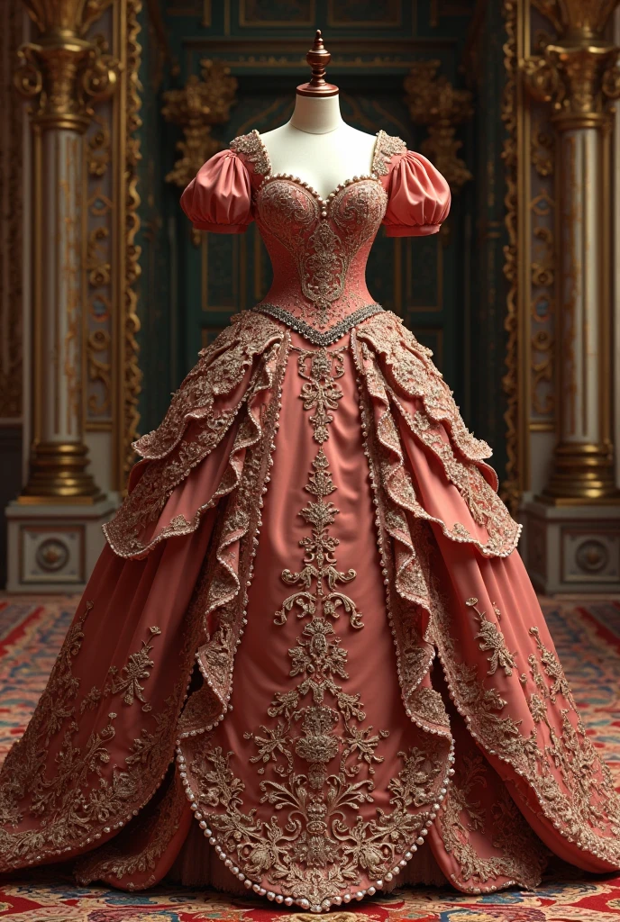 a hyper realistic photograph of a girl standing wearing a majestic light beige and gold ball gown dress, big beautiful dress, intricate puffy ball gown with lots of ruffles and rhinestones (Best quality, masterpiece, ArtStation, Fantasy Art:1.2), a palace room, a beautiful cute girl, (long white hair:1.1), (intricate short gold skirt, bare legs:1.2, full body shot)