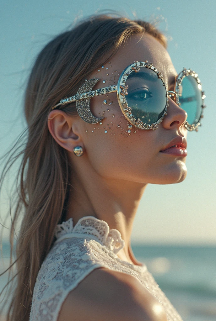 The model nude is wearing glass sunglasses with stars and the moon on the glass