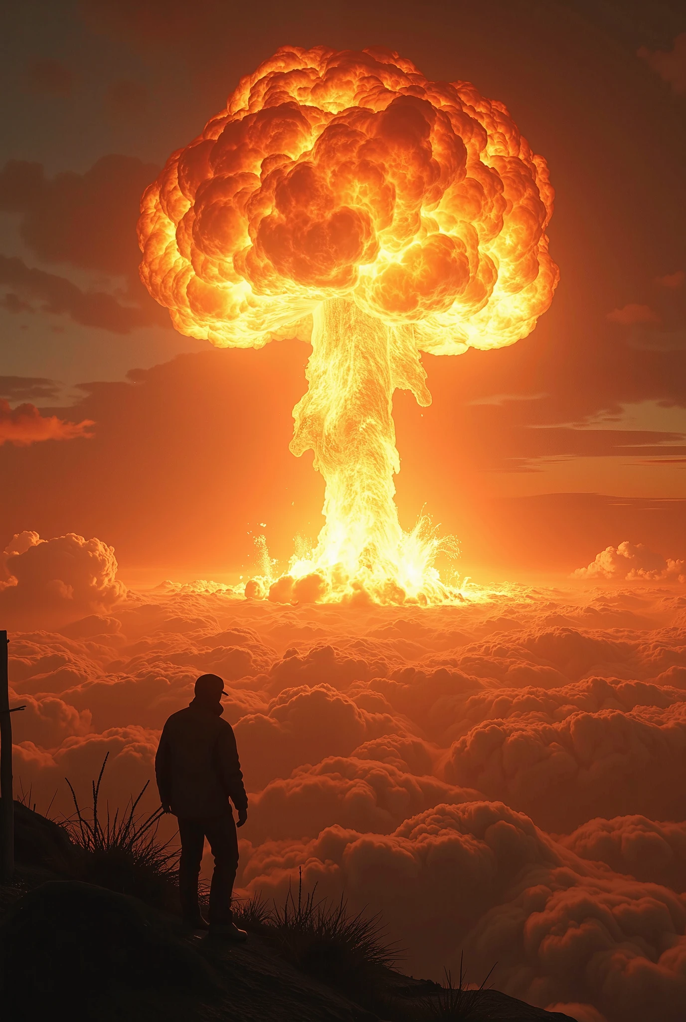 a view 2500 feet off the ground, a nuclear explosion, blinding light, violent explosion, best quality, very detailed, UHD, HDR