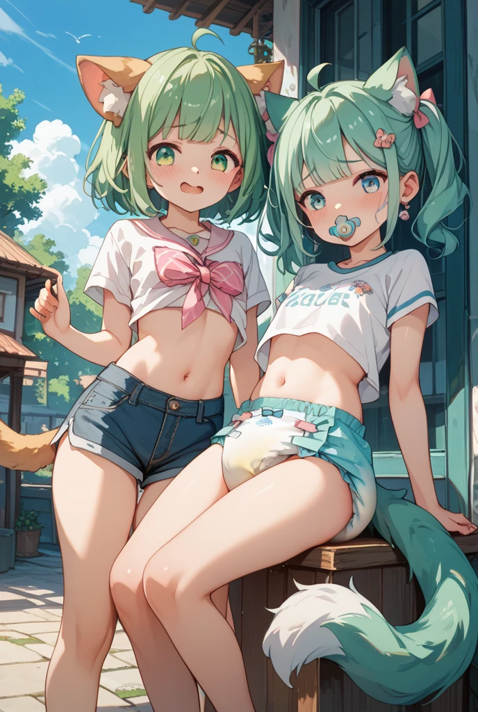((Cinematic light, Best quality, 8K, Masterpiece :1.3)), 1girll, Beutiful women，14-year-old girl，female high-school student，Thin abs :1.4, (Green hair, Cute breasts :1.3), hopefully falling, lip open seductively, sofe, Ultra-detailed face, Detailed eyes, exquisite facial features，A high resolution,((Tiny micro bikini)), Shorts, vests, Thighs, Best quality, Masterpiece, 超A high resolution, 1girll, full body, NSFW, Trying to be sexy, Hold your chest, Loose breasts, ecchi style,Half of the body stands in the water
