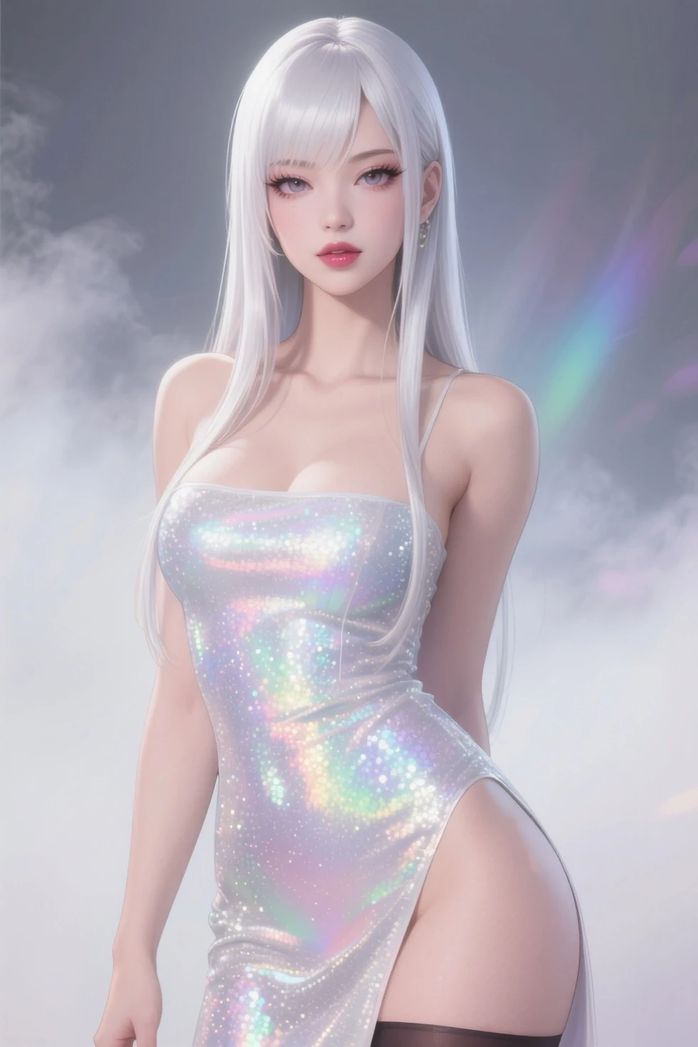 woman, perfect face, defined jawline, beautiful lips, (beautiful bright yellow eyes), (long silver hair, straight hairstyle), (purple sparkling fit dress, bare shoulders), standing, (cowboy shot photograph), (well-lit photoshoot studio background), realistic