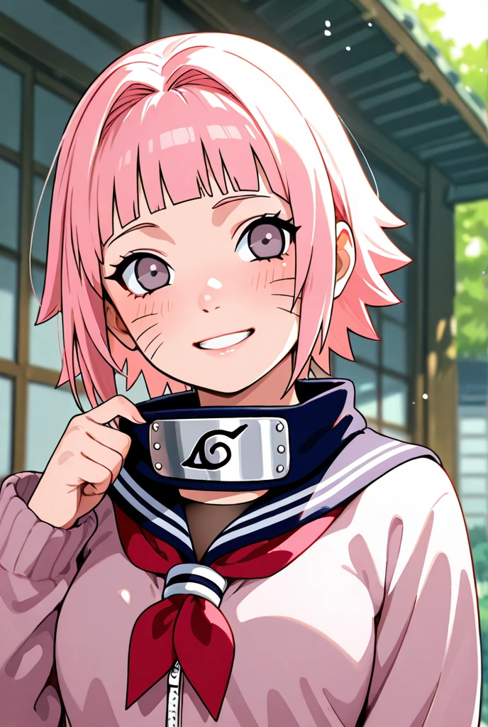 Sakura with her mouth open looks at the cock in her hands. her cheeks are red