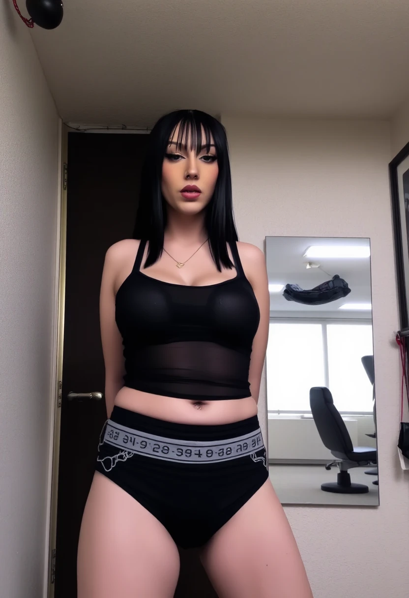 (PICTURE REALISTIC) Beautiful girl, age 21 years, Youngh, blue hair mixed with purple, she has a gamer style, using a gaming headphone, she is sitting in a gaming chair and in front of a state-of-the-art gaming PC., is in his room full of game posters, she is wearing a black crop top, with a black thong, and wearing pantyhose, (your breasts are big 2.7), your thighs are big 1.6 (and your ass is big 2.8) your body is kind of muscular, is wearing black eyeliner and dark pink lipstick, is looking at the viewer of the image,